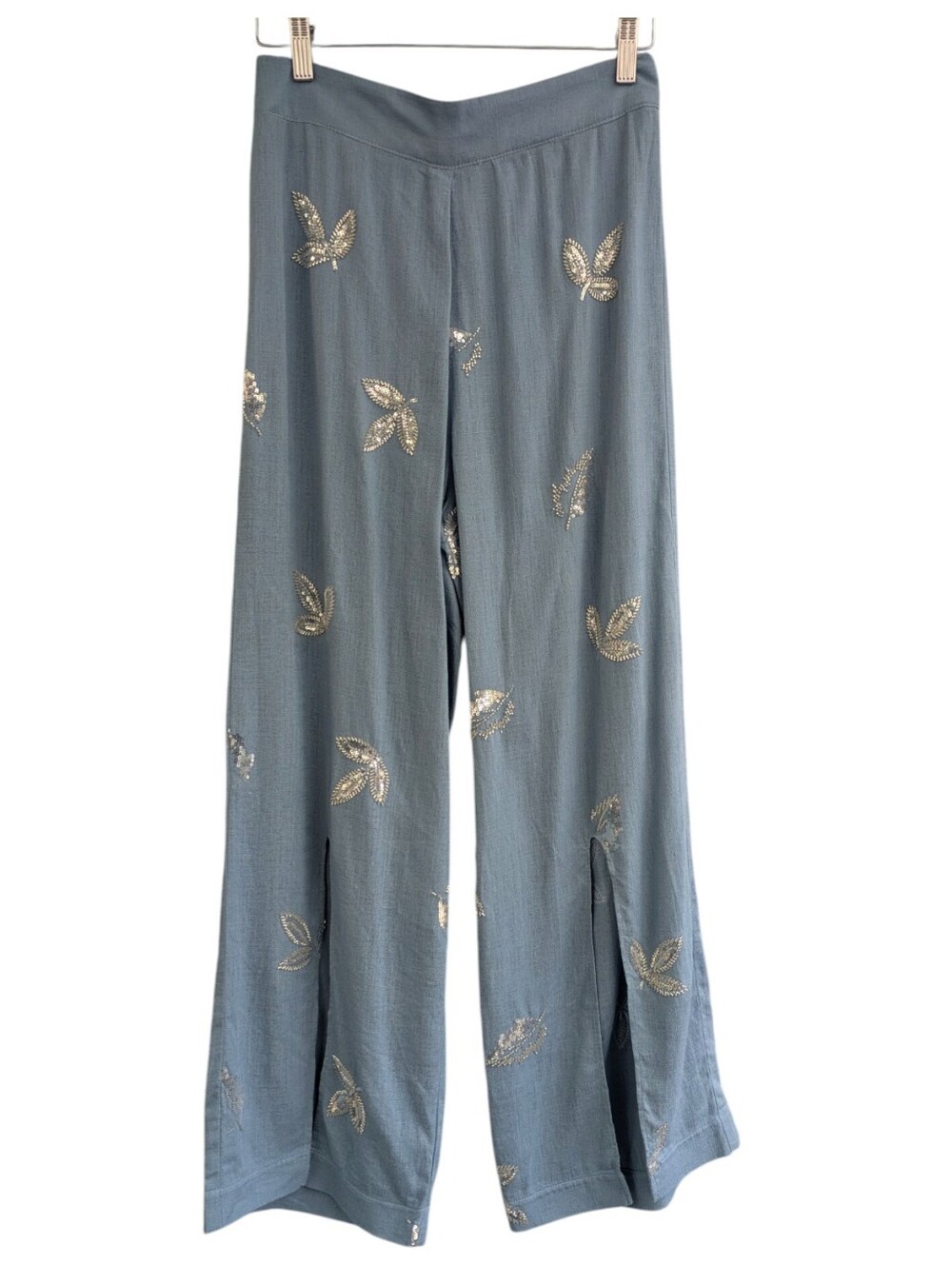 Yola Neme Blue Linen Floral Sequin Beaded Pants